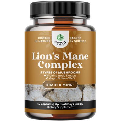Advanced Lion&#39;s Mane Mushroom Supplement - Lions Mane Supplement Capsules with 5X Fruiting Body Mushroom Complex with Chaga Maitake Shiitake and Reishi - Brain Booster Nootropic Supplement (60 Caps)
