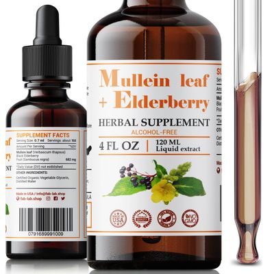 FabLab Mullein Leaf Extract with Elderberry 4 Fl Oz - Made in USA - Drops for Better Lung - Mullein Tincture for Lung Detox - Bronchial Cleanse for Smokers - Respiratory Herbal Supplement