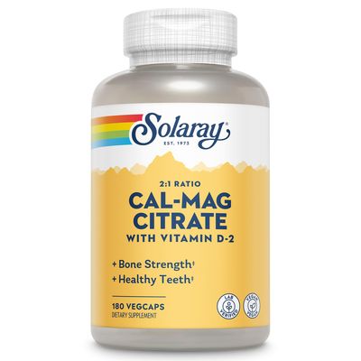 Solaray Calcium Magnesium Citrate 2:1 Ratio - Calcium Supplements for Women and Men w/Magnesium and Vitamin D 2 - Bone Health, Muscle and Nerve Support - Vegan, 60-Day Guarantee, 30 Serv, 180 VegCaps
