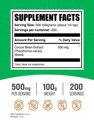 BulkSupplements.com Cocoa Bean Extract Powder - Cocoa Supplement, Unsweetened Cocoa Powder - Gluten Free & Sugar Free, 500mg per Serving, 100g (3.5 oz) (Pack of 1)