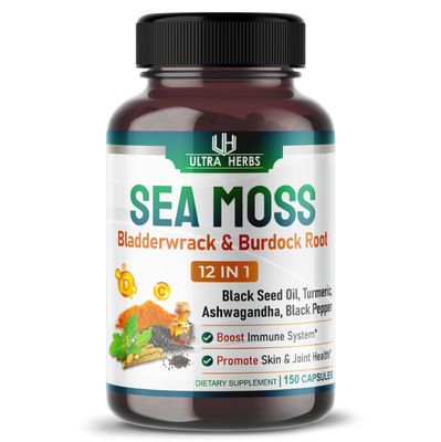 Organic Sea Moss Capsules 12,900mg with Black Seed Oil, Ashwagandha, Burdock Root, Bladderwrack for Immune System, Gut, Skin &amp; Energy *USA made &amp; tested* (150 Count (Pack of 1))