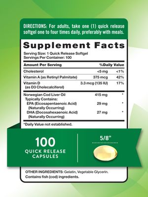Nature's Truth Norwegian Cod Liver Oil | 100 Softgels | with EPA &amp; DHA | Non-GMO, Gluten Free Supplement
