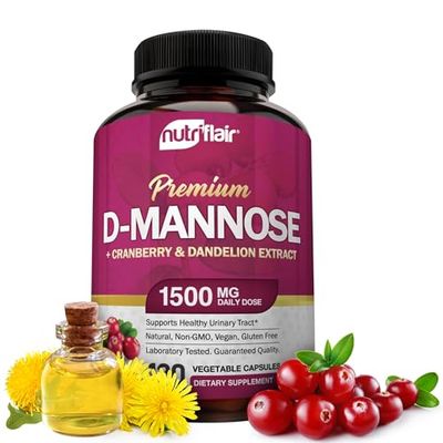 NutriFlair D-Mannose 1500mg, 120 Capsules - with Cranberry and Dandelion Extract - Natural Urinary Tract Health UTI Support - Best D Mannose Powder - Flush Impurities, Detox Body, for Women and Men