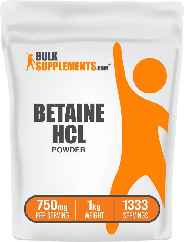 BulkSupplements.com Betaine HCl Powder - Betaine Hydrochloride Powder, Betaine HCl 750mg, Betaine Hydrochloride Supplement - Gluten Free, 750mg per Serving, 1kg (2.2 lbs) (Pack of 1)