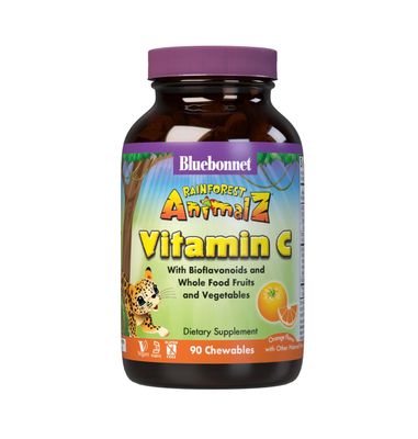 Bluebonnet Nutrition Rainforest Animalz Vitamin C Animal Shape Chewable Tablets, 250mg of Vitamin C, Soy-Free, Gluten-Free, Kosher Certified, Dairy-Free, Vegan, 90 Tablets, 45 Servings, Orange Flavor