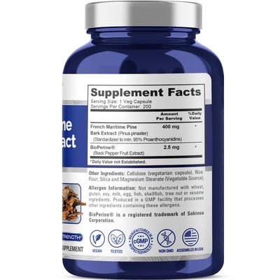 NusaPure French Maritime Pine Bark Extract 400mg per Veggie Caps 200-Day Supply Bioperine Non-GMO Vegan