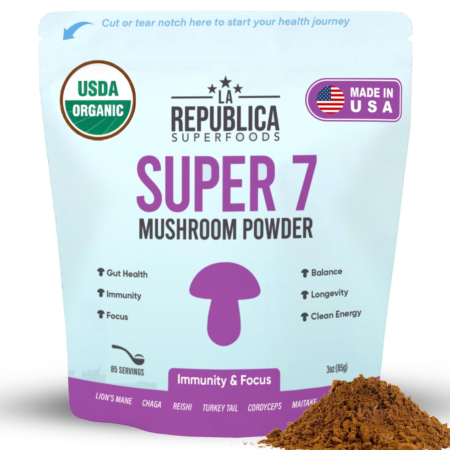 LRLA SUPERFOODS La Republica Super 7 USDA Organic Mushroom Powder (Lion&#39;s Mane, Chaga, Reishi, Cordyceps, Maitake, Shiitake, Turkey Tail, Mushroom Supplement, Vegan, No fillers (3 oz)