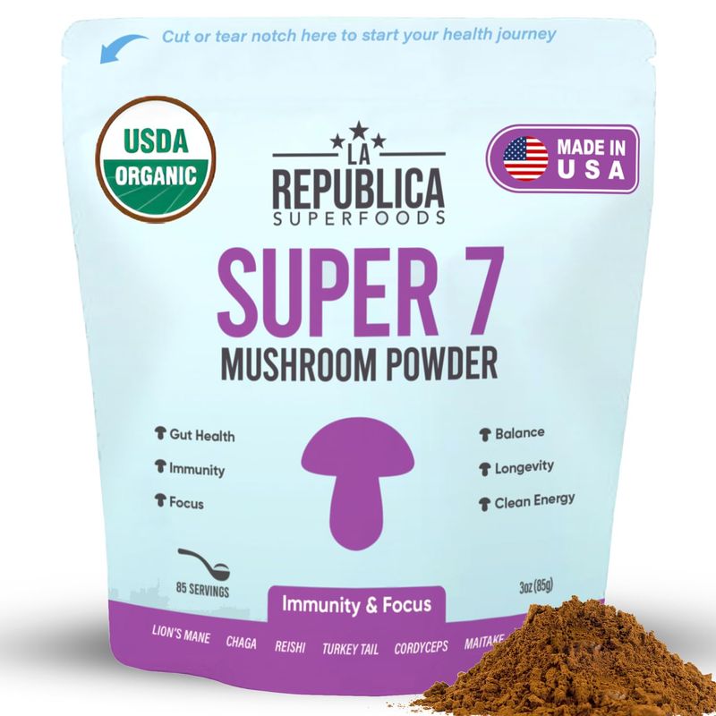 LRLA SUPERFOODS La Republica Super 7 USDA Organic Mushroom Powder (Lion's Mane, Chaga, Reishi, Cordyceps, Maitake, Shiitake, Turkey Tail, Mushroom Supplement, Vegan, No fillers (3 oz)