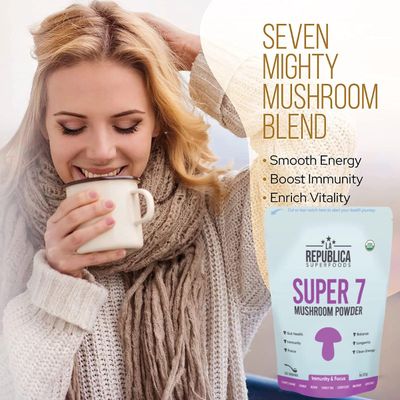 LRLA SUPERFOODS La Republica Super 7 USDA Organic Mushroom Powder (Lion's Mane, Chaga, Reishi, Cordyceps, Maitake, Shiitake, Turkey Tail, Mushroom Supplement, Vegan, No fillers (3 oz)
