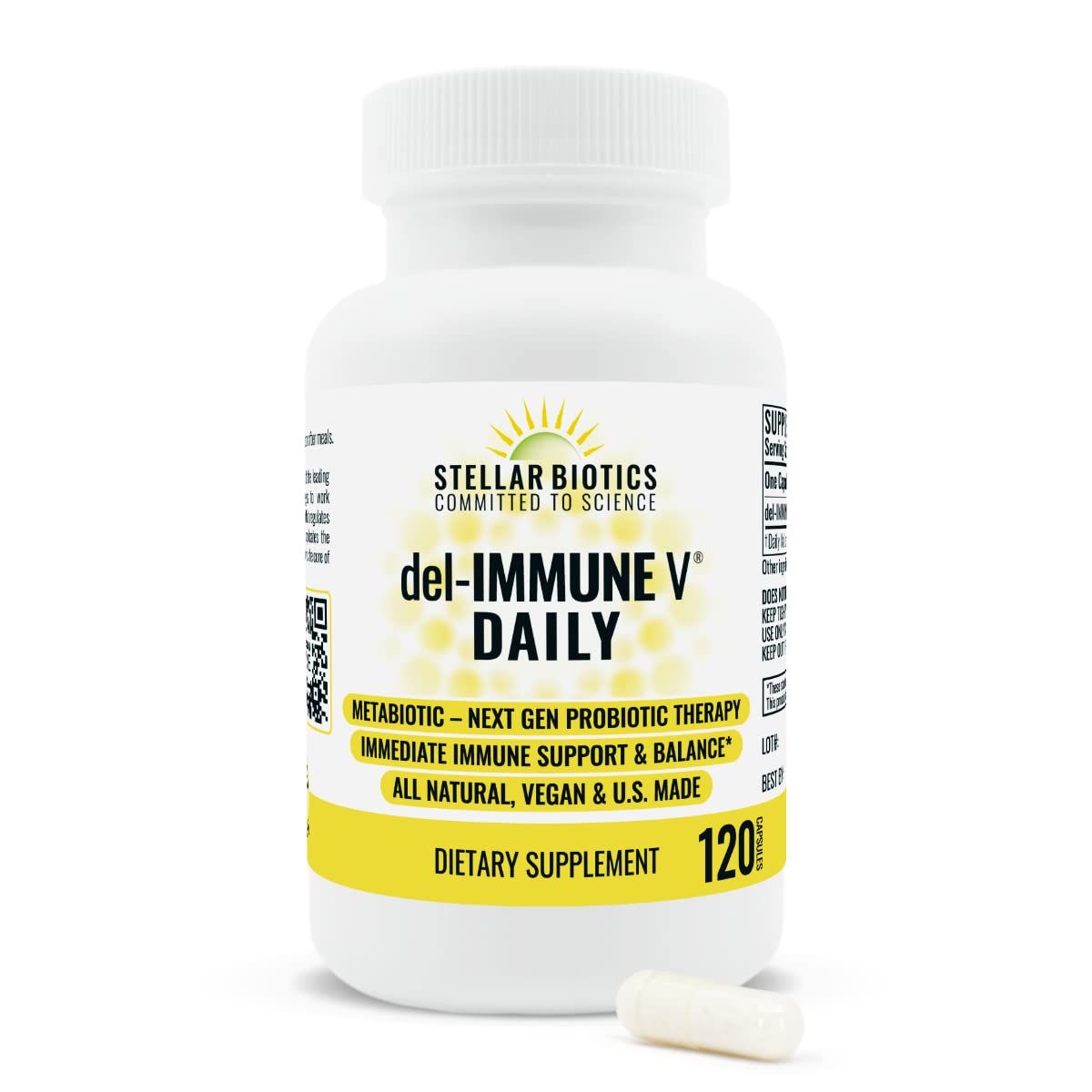 Del-Immune V Daily by Stellar Biotics, All-Natural Immune Support &amp; Gut Health, Immediate Care, Metabiotic: NextGen Probiotic Therapy (120 Caps)