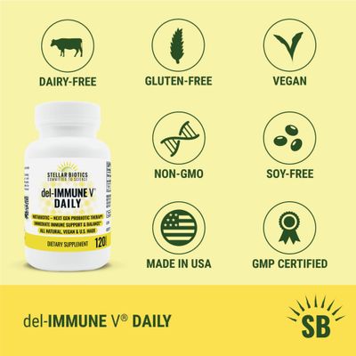 Del-Immune V Daily by Stellar Biotics, All-Natural Immune Support &amp; Gut Health, Immediate Care, Metabiotic: NextGen Probiotic Therapy (120 Caps)