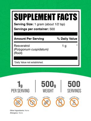 BulkSupplements.com Resveratrol Powder - Resveratrol Supplement, Polygonum Cuspidatum, Resveratrol 1000mg - Antioxidant & Gluten Free, 1000mg per Serving, 500g (1.1 lbs) (Pack of 1)