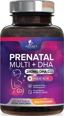 Women&#39;s Prenatal Multivitamin with Folic Acid + DHA, Prenatal Vitamin Supplement for Fetal Support w/Folate, Omega 3, Vitamins D3, B6, B12 &amp; Iron, Pregnancy Prenatal DHA, Non-GMO - 120 Softgels