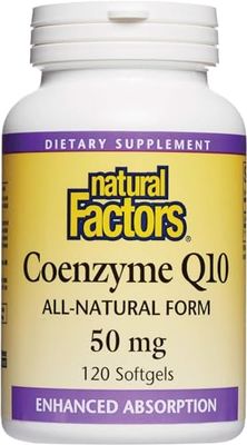 Natural Factors, Coenzyme Q10 50mg, CoQ10 Supplement for Energy, Heart and Antioxidant Support, Gluten Free, 120 softgels (120 servings)