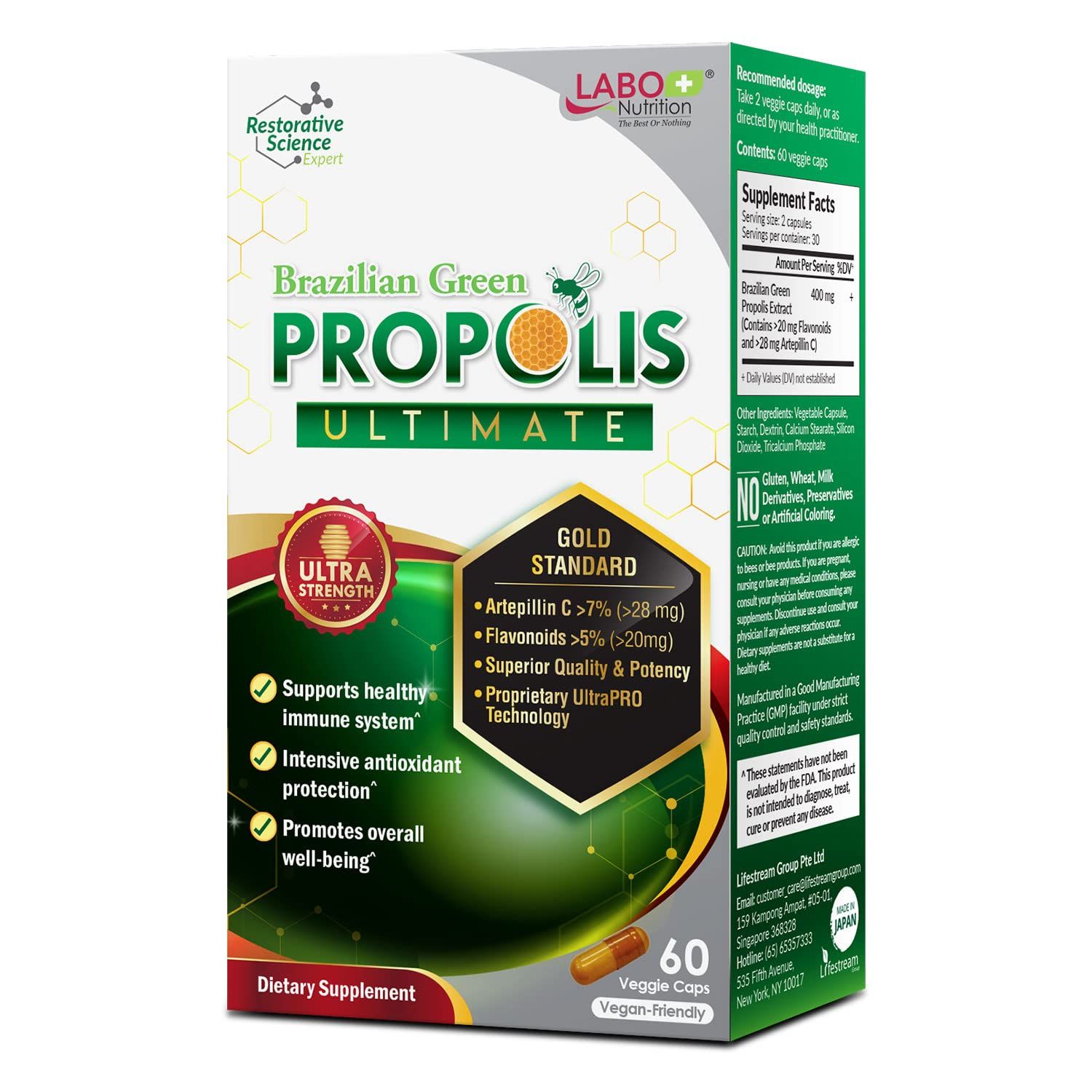 LABO Nutrition Brazilian Green Propolis Ultimate - Contains &gt;7% or 28mg per Serving Artepillin C &amp; &gt;5% Flavonoids, for Immune &amp; Brain Support, Natural, High Concentrate &amp; Premium, 60 Veg Capsules