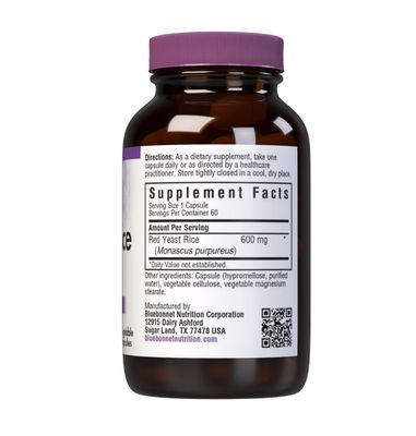 Bluebonnet Nutrition Red Yeast Rice 600 mg, Non-GMO, Vegan, Kosher Certified, Gluten-Free, Soy-Free, Dairy-Free, 60 Vegetable Capsules, 60 Servings