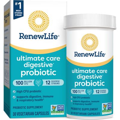 Renew Life Ultimate Care Probiotic Capsules, Daily Supplement Supports Respiratory, Digestive and Immune Health, L. Rhamnosus GG, Dairy, Soy and gluten-free, 100 Billion CFU, 30 Count