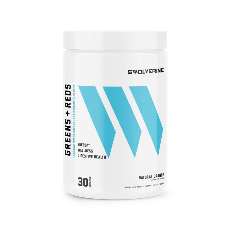 Swolverine Greens &amp; Reds | Super Greens and Reds Powder with Spirulina, Chlorella, Wheat Grass, Pomegranate, Beet Root, Turmeric, Natural Orange Flavor (30 Servings)