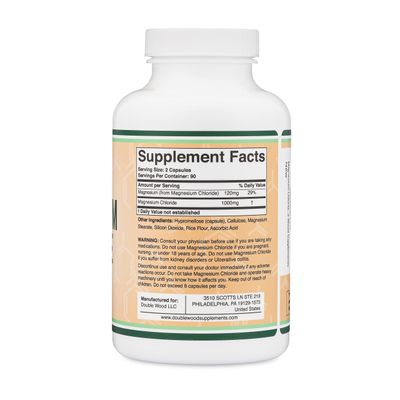 Magnesium Chloride (Cloruro De Magnesio) - 180 Capsules, 1,000mg Per Serving, Supports Digestive and Bone Health - Non-GMO and Gluten Free by Double Wood Supplements