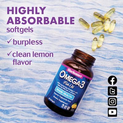 Bluebonnet Nutrition Omega-3 Brain Formula Natural Wild Caught Triglyceride Form DHA 860 mg EPA 120 mg - Highly Concentrated Cognitive Health & Wellness Support Supplement - Gluten-Free - 60 Softgels