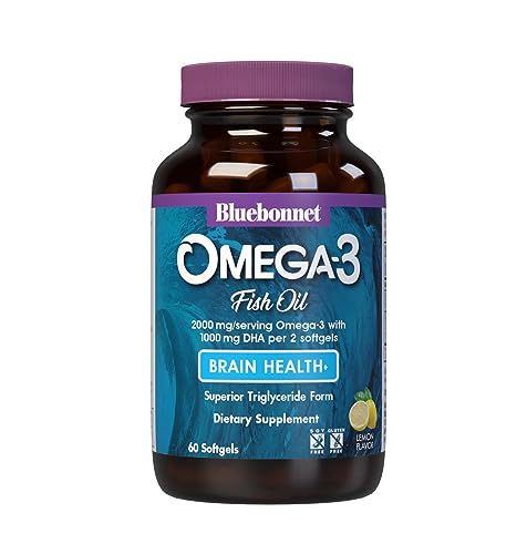 Bluebonnet Nutrition Omega-3 Brain Formula Natural Wild Caught Triglyceride Form DHA 860 mg EPA 120 mg - Highly Concentrated Cognitive Health &amp; Wellness Support Supplement - Gluten-Free - 60 Softgels
