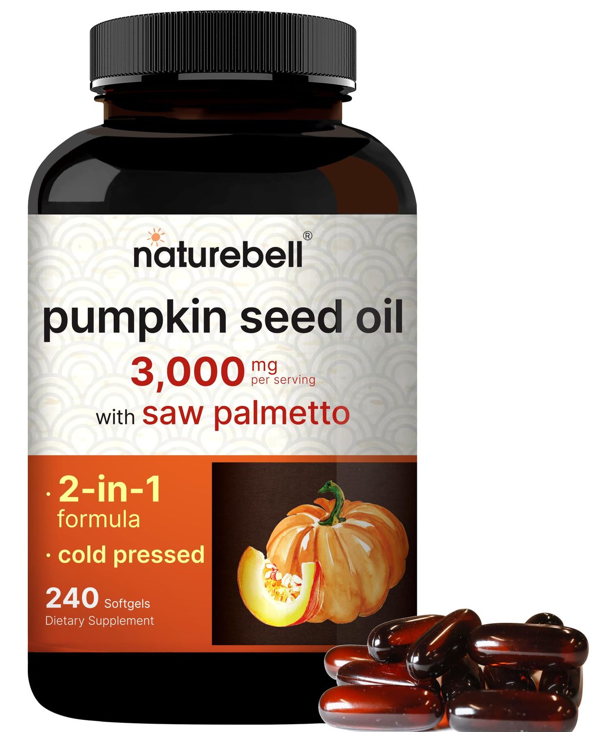 NatureBell Virgin Pumpkin Seed Oil 3,000mg Per Serving with Saw Palmetto, 240 Softgel Capsules | Cold Pressed - Rich in Omega 6 &amp; 9 Essential Fatty Acids - Prostate &amp; Bladder Supplements, Non-GMO