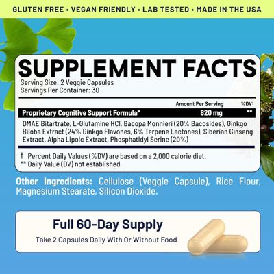 Nootrix Brain Boost Nootropic Supplement | Supports Memory, Mental Focus, Cognitive Health & Energy | Caffeine-Free, Promotes Healthy Mood & Brain Function w/Ginkgo Biloba & DMAE | 60 Capsules