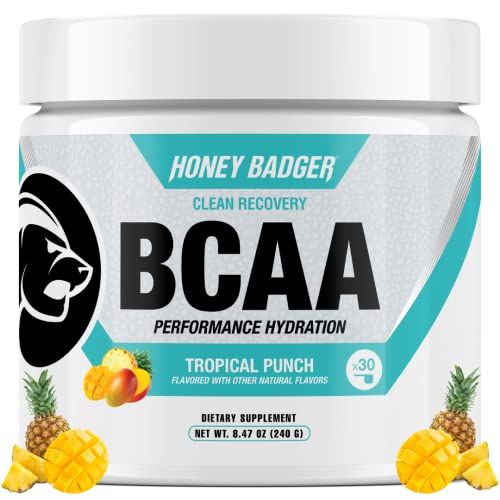 Honey Badger BCAA + EAA Amino Acids Electrolytes Powder, BCAAs + L-Glutamine, Keto, Vegan, Sugar Free for Men &amp; Women, Hydration &amp; Post Workout Muscle Recovery Drink Mix, Tropical Punch, 30 Servings