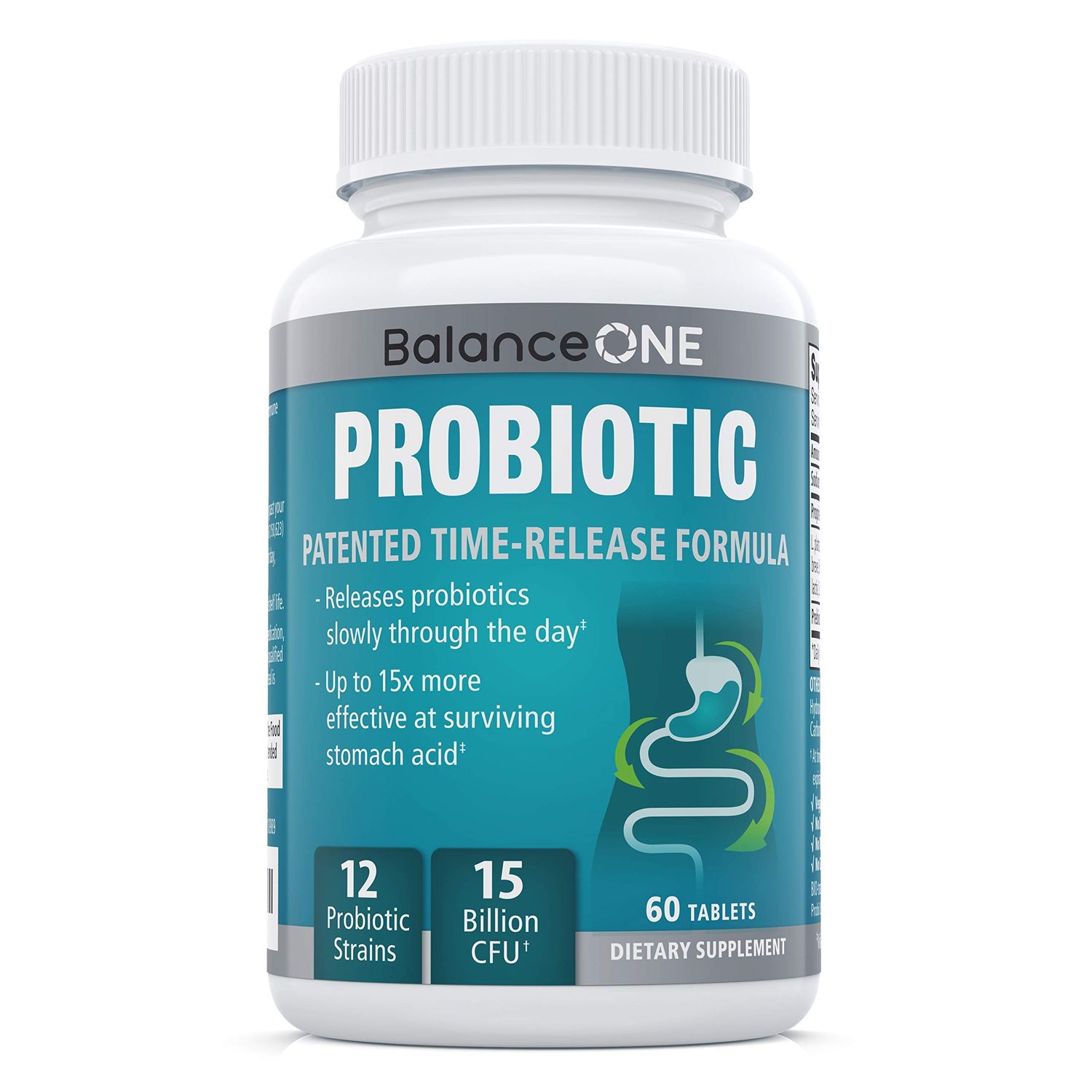 Balance ONE Probiotic, Daily Probiotics for Women &amp; Men, Shelf Stable, 15 Billion CFUs with Prebiotics, 12 Strains, Lactobacillus Plantarum Acidophilus &amp; Paracasei, 60 Time-Release Tablets