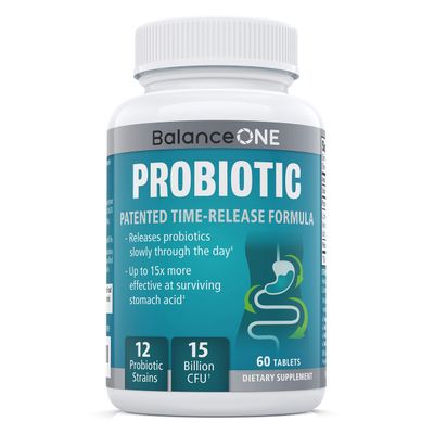 Balance ONE Probiotic, Daily Probiotics for Women &amp; Men, Shelf Stable, 15 Billion CFUs with Prebiotics, 12 Strains, Lactobacillus Plantarum Acidophilus &amp; Paracasei, 60 Time-Release Tablets