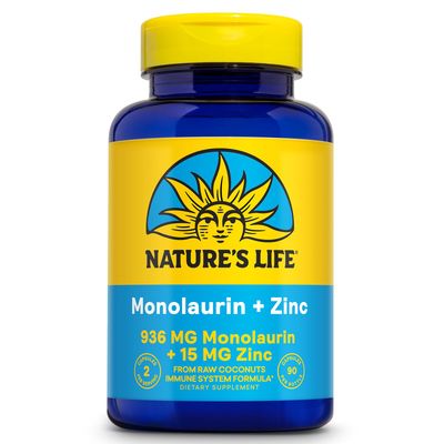 Nature&#39;s Life Monolaurin Plus Zinc Immune Support Supplement - 936mg Monolaurin from Raw Coconuts, Zinc 15mg, Supports Gut Health, Balanced Gut Flora, 60-Day Guarantee, 45 Serv, 90 Vegetarian Capsules