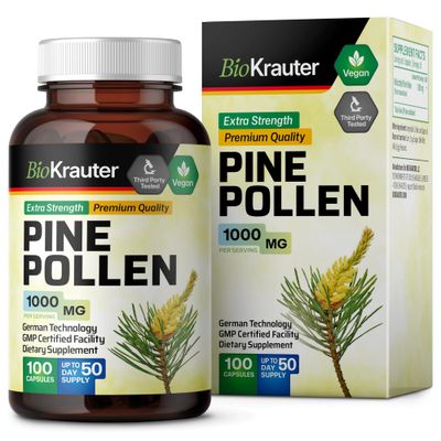 BIO KRAUTER Pine Pollen Powder Capsules 1000 mg - 100 Pine Pollen Capsules for Men and Women Health Support - Herbal Supplement for Immune Support