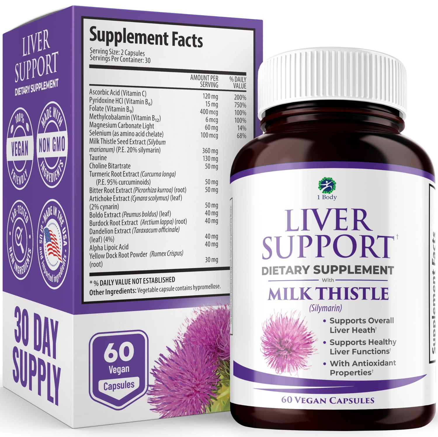 1 Body Liver Support Supplement - Liver Cleanse &amp; Repair - Milk Thistle, Turmeric, Dandelion, Artichoke, VIT B12 &amp; More - 60 Vegan Silymarin Capsules