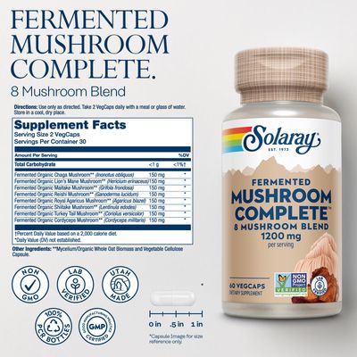 Solaray Fermented Mushroom Complete 1200 mg | Healthy Immune Function Support | 30 Serv | 60 VegCaps