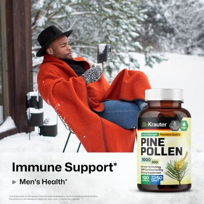 BIO KRAUTER Pine Pollen Powder Capsules 1000 mg - 100 Pine Pollen Capsules for Men and Women Health Support - Herbal Supplement for Immune Support