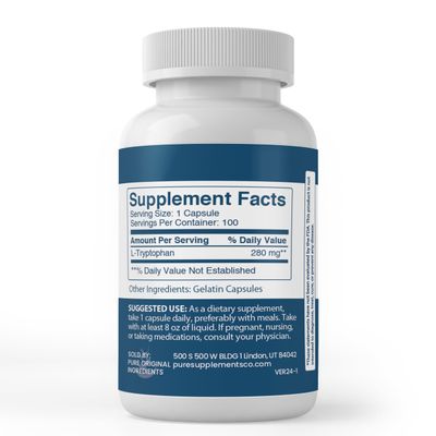 Pure Original Ingredients L-Tryptophan, (100 Capsules) Always Pure, No Additives Or Fillers, Lab Verified