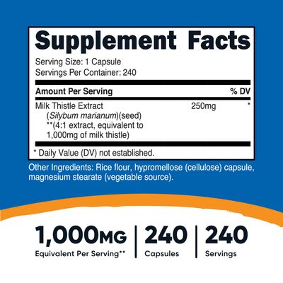 Nutricost Milk Thistle 1,000mg Equivalent, 240 Capsules - 250mg of 4:1 Extract - Vegan, Non-GMO and Gluten Free