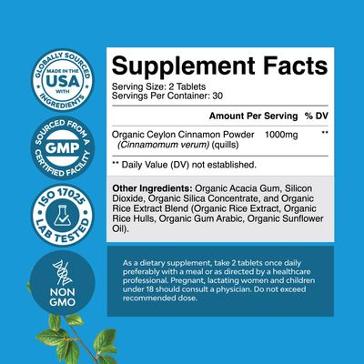 Organic Ceylon Cinnamon Tablets 1000mg - Organic Ceylon Cinnamon Powder Memory Supplement for Brain Support - Non GMO Organic Cinnamon Pills for Heart Health and Organic Immune System Booster
