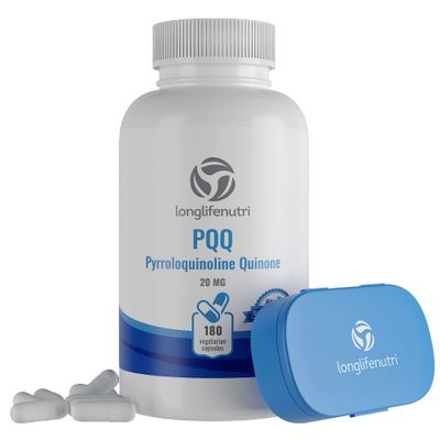 LongLifeNutri High Purity PQQ Supplement - 180 Caps - PQQ 20mg - Mitochondrial Supplements - Quinone Capsules - ATP Supplements - Pyrroloquinoline Quinone - Aids Mitochondria Function