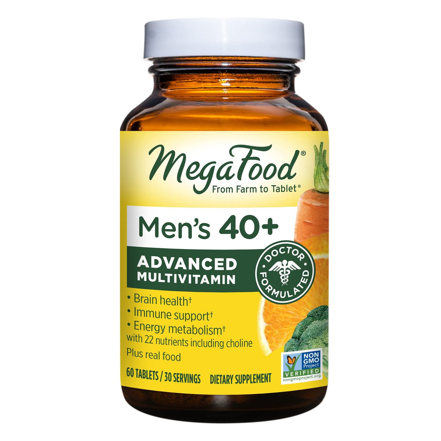 MegaFood Men&#39;s 40+ Advanced Multivitamin for Men - Dr-Formulated - Choline, Vitamin B, Vitamin C, Vitamin D, Zinc &amp; Real Food - Brain Health, Immune Support - Vegetarian - 60 Tabs (30 Servings)