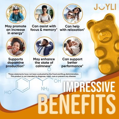 Joyli L Tyrosine Gummies 1000MG - L-Tyrosine Supplement for Kids &amp; Adults - Calm &amp; Focus Gummies for Brain, Memory, Mood, and Energy - 500mg L- Tyrosine Powder per Gummy - Vegan, Gluten-Free