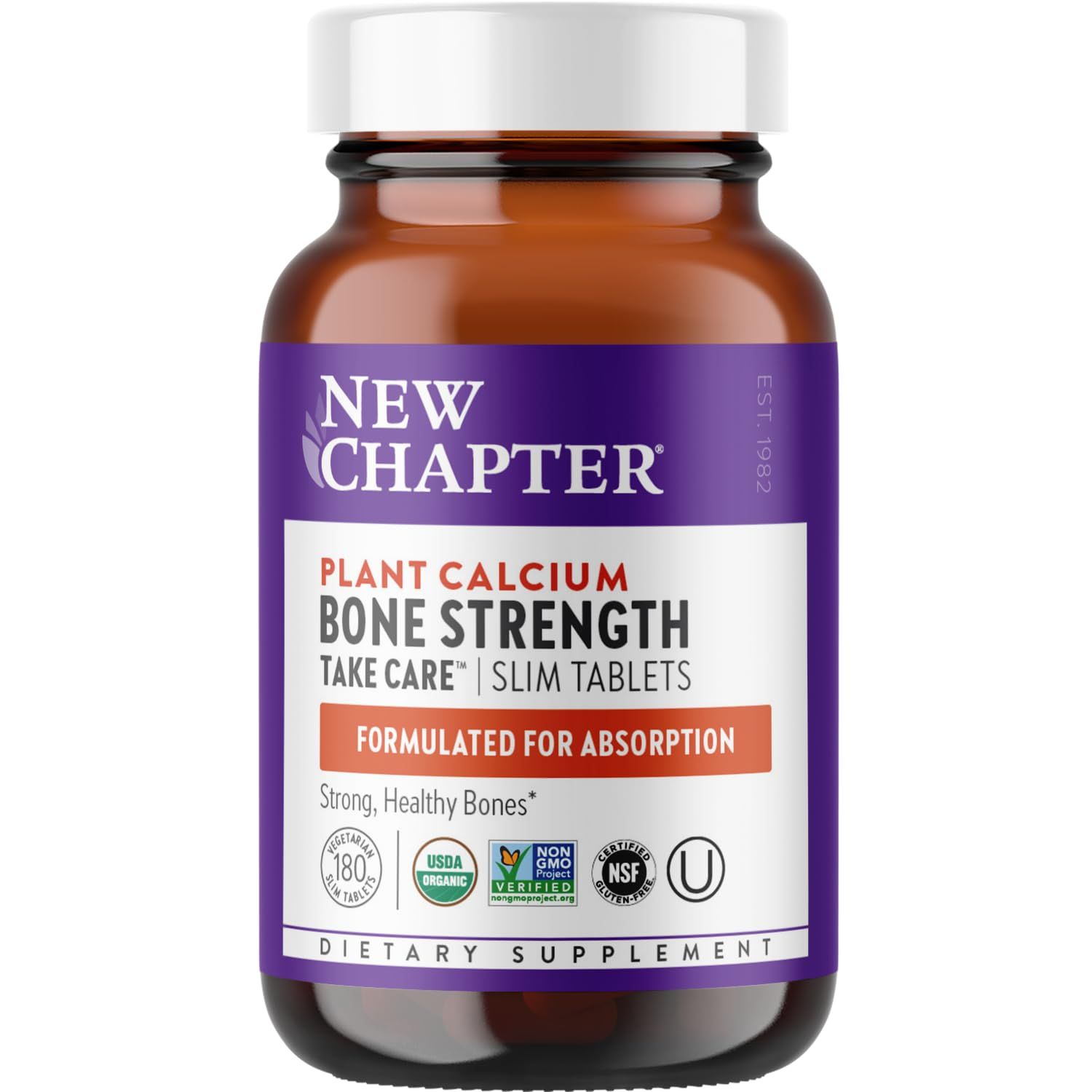 New Chapter Calcium Supplement - Bone Strength Organic Calcium with Magnesium, Vitamin D3+K2, 70+ Trace Minerals for Bone Health, Gluten Free, Easy to Swallow Slim Calcium Tablets - 180 Count