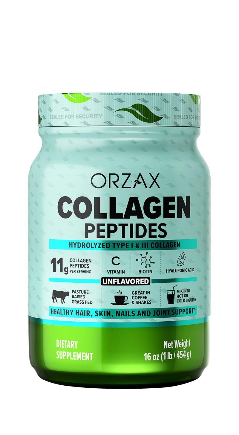 ORZAX Collagen Peptides Powder - 11 g Collagen Type I &amp; III, Biotin &amp; Hyaluronic Acid, 16 oz (Unflavored)