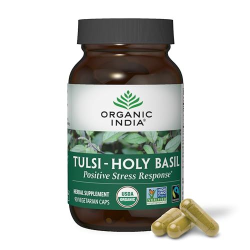 ORGANIC INDIA Tulsi Holy Basil Capsules - Holy Basil Extract - Holy Basil Leaf Supplement, Herbal Supplement, Immune Support, Stress Relief, Vegan, Gluten-Free, Kosher, Organic, Non-GMO - 90 Capsules