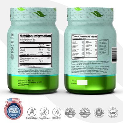 ORZAX Collagen Peptides Powder - 11 g Collagen Type I &amp; III, Biotin &amp; Hyaluronic Acid, 16 oz (Unflavored)