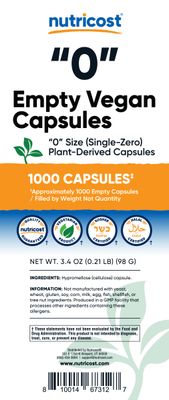 Nutricost Empty Capsules Size 0 Vegan - 1,000 Clear Empty Plant-Based Capsules - Kosher Certified, Halal Certified, Non-GMO, Soy Free, Gluten Free, Vegetarian