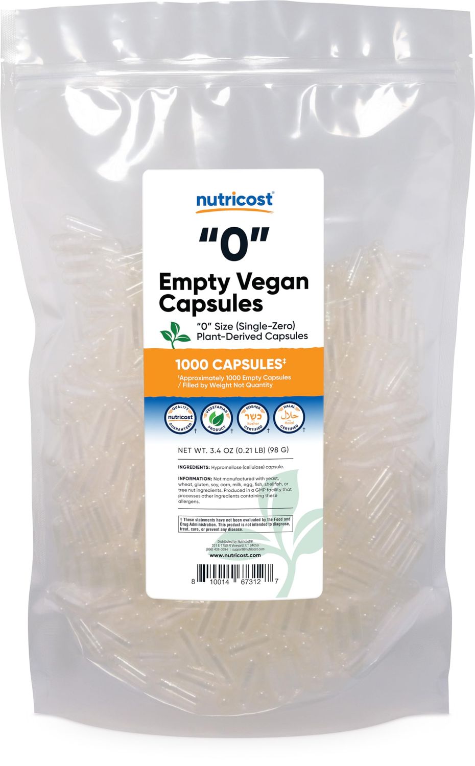 Nutricost Empty Capsules Size 0 Vegan - 1,000 Clear Empty Plant-Based Capsules - Kosher Certified, Halal Certified, Non-GMO, Soy Free, Gluten Free, Vegetarian