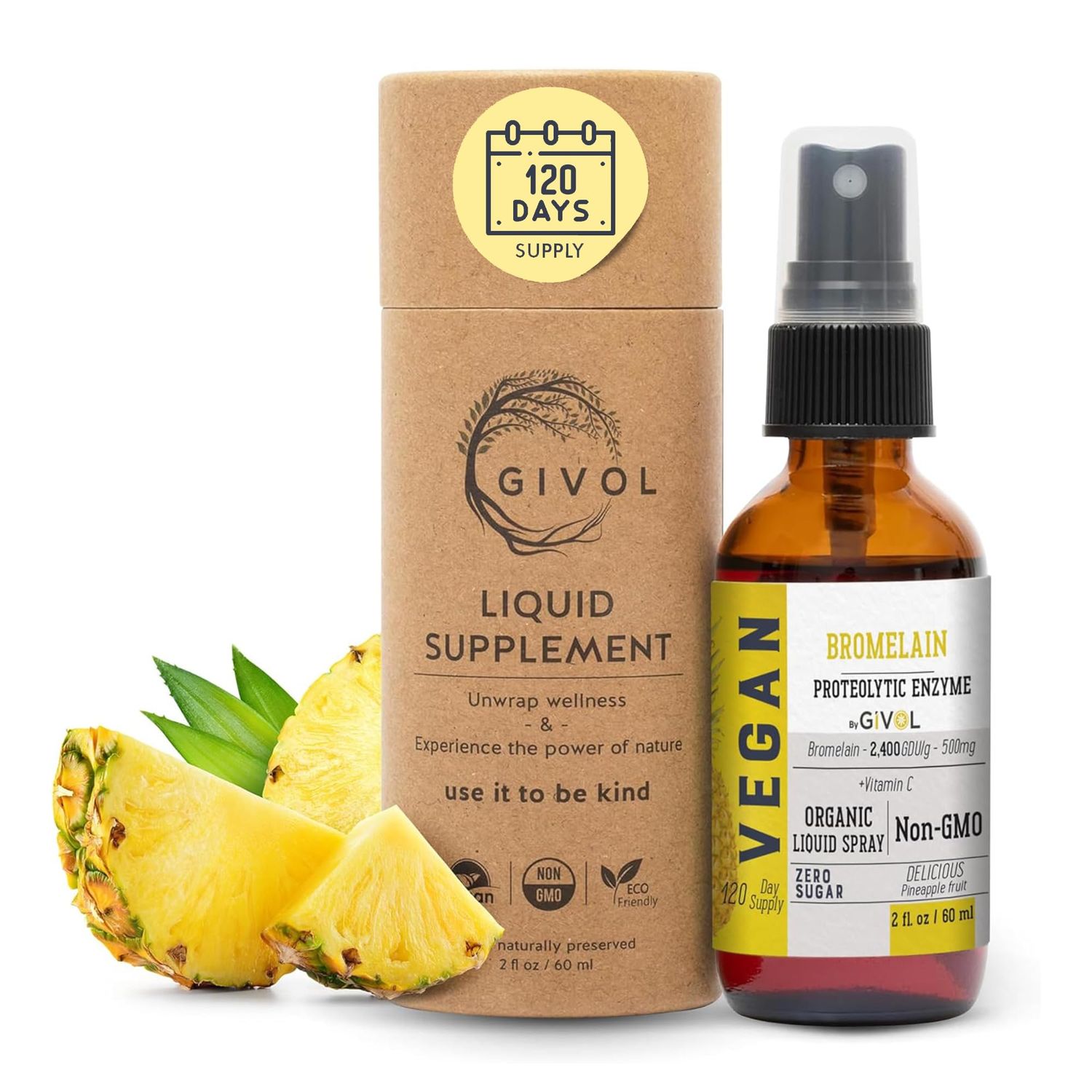 GIVOL Organic Raw Bromelain Mist-Liquid Pineapple Extract - Enhanced Potency 500mg, for Kids &amp; Adults - for Digestive Health, Inflammatory Response, and Healing - Non-GMO - 60ml 120 Day Supply
