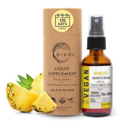GIVOL Organic Raw Bromelain Mist-Liquid Pineapple Extract - Enhanced Potency 500mg, for Kids &amp; Adults - for Digestive Health, Inflammatory Response, and Healing - Non-GMO - 60ml 120 Day Supply