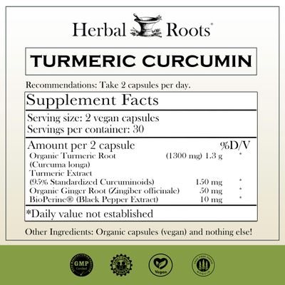 Herbal Roots - Turmeric Curcumin Capsules - Extra Strength - 1000mg Pure Organic Turmeric Supplement, 95% Standardized Curcumin Extract with BioPerine Pepper and Ginger
